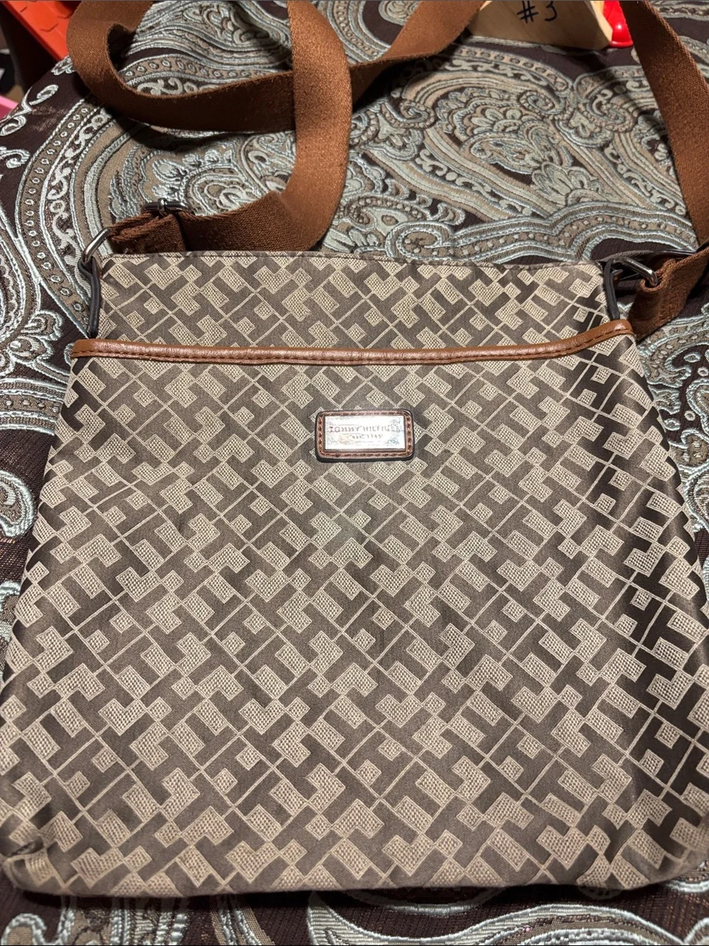Tommy Hilfiger Brown Patterned Messenger Crossbody Bag